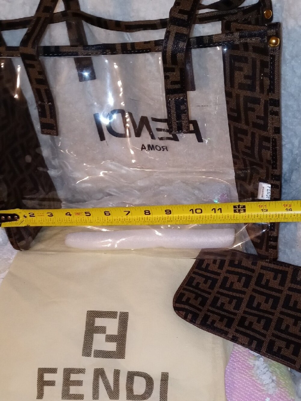 Fendi Clear Tote with Brown FF Monogram Trim and Matching Pouch - Picture 10 of 13